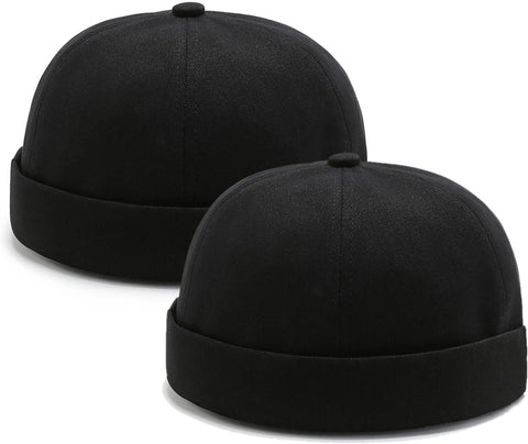 2 Pcs Mens Black Brimless Docker Cap Skull Cap Worker Sailor Cap Rolled Cuff Retro Beanie