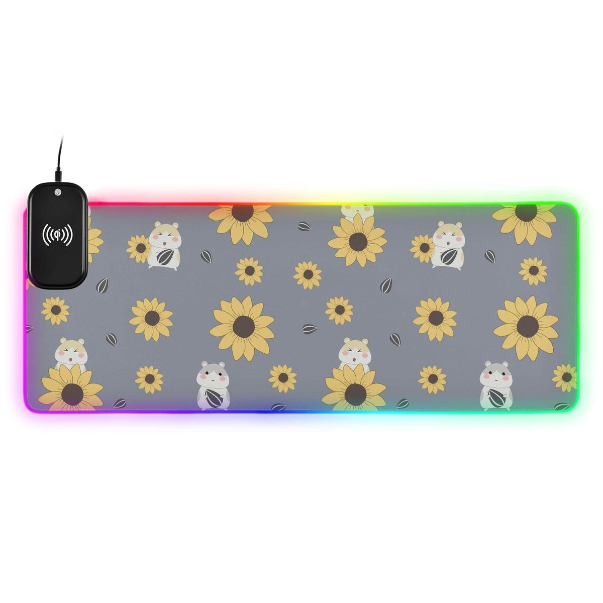 Cute Sunflower Hamster Wireless Charging Mouse Pad for Mobile Phone Extra Large Gaming Mousepad with 13 Lighting Modes Keyboard Mat for Gaming MacBook PC Laptop Desk Office Home