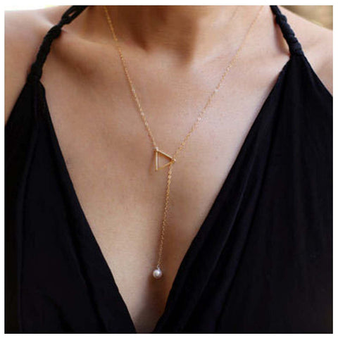 Yheakne Boho Pearl Triangle Necklace Gold Y Pearl Necklace Minimalist Y Lariat Necklace Geometry Chain Jewelry for Women and Girls (Gold)