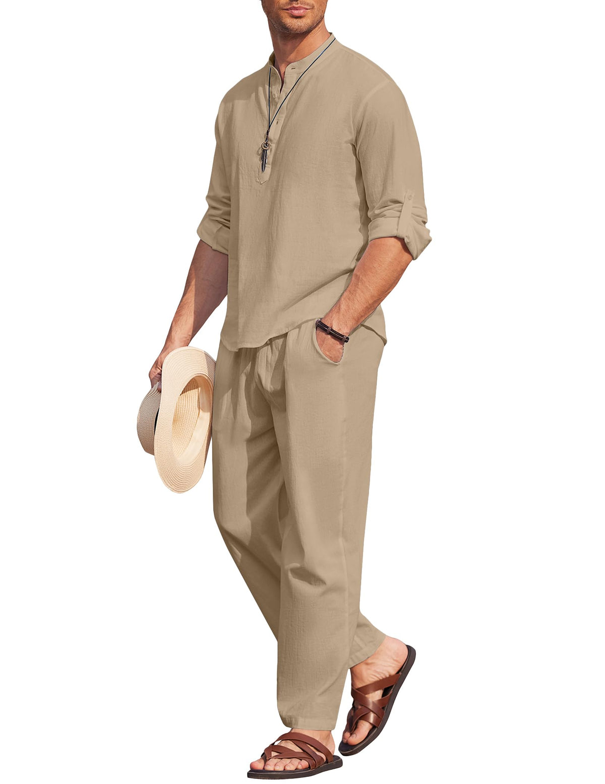 COOFANDY Men's 2 Pieces Cotton Linen Set Long Sleeve Henley Shirts Casual Beach Pants With Pockets Summer Yoga Outfits