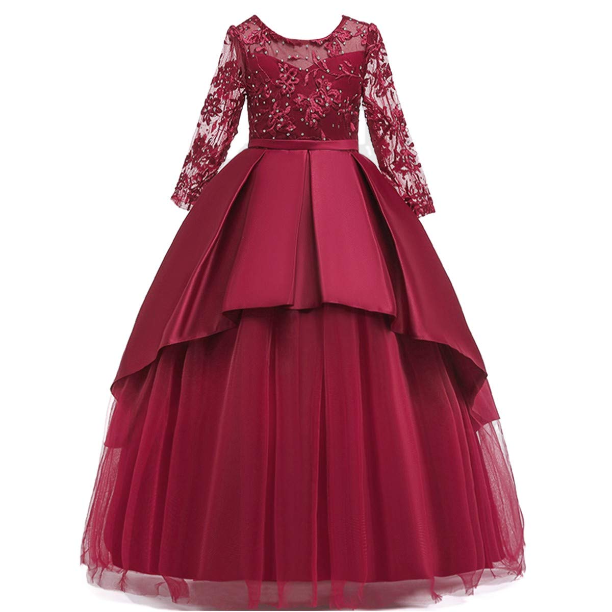 HIHCBF Flower Girl's Embroidery Tulle Lace Maxi Wedding Dress Long Sleeve Princess Birthday Pageant Party Dance Evening Gown Deep Red 4-5T