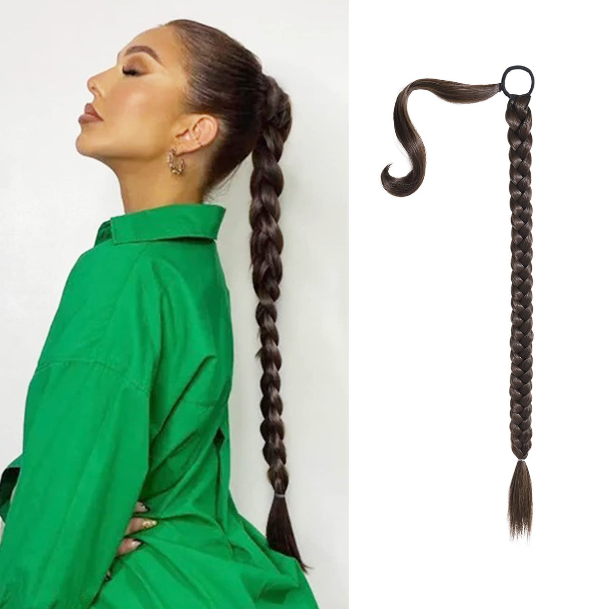 SEIKEA Upgraded Long Braid Ponytail Extension with Elastic Tie Straight Sleek Wrap Around Braid Hair Extensions Ponytail Dark Chocolate Brown 20 Inch (After Braided 16 Inch) 110 Gram
