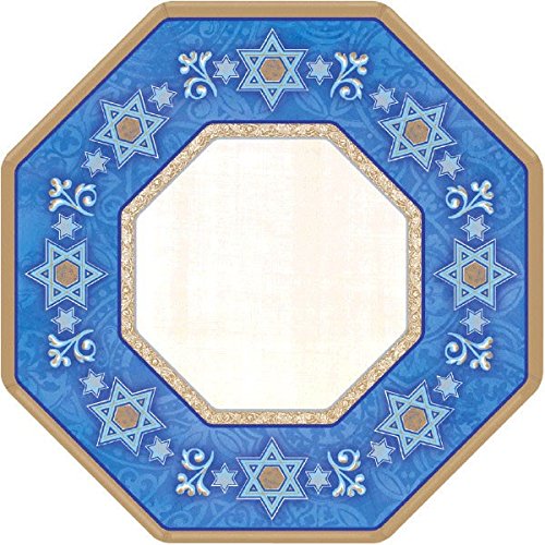 Amscan Deferential Octagonal Plates Jewish Celebrations Party Supplies, 7", Gold/Blue/Ivory