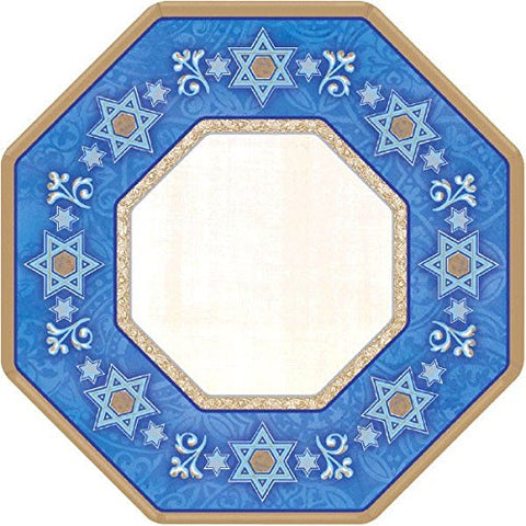 Amscan Deferential Octagonal Plates Jewish Celebrations Party Supplies, 7", Gold/Blue/Ivory