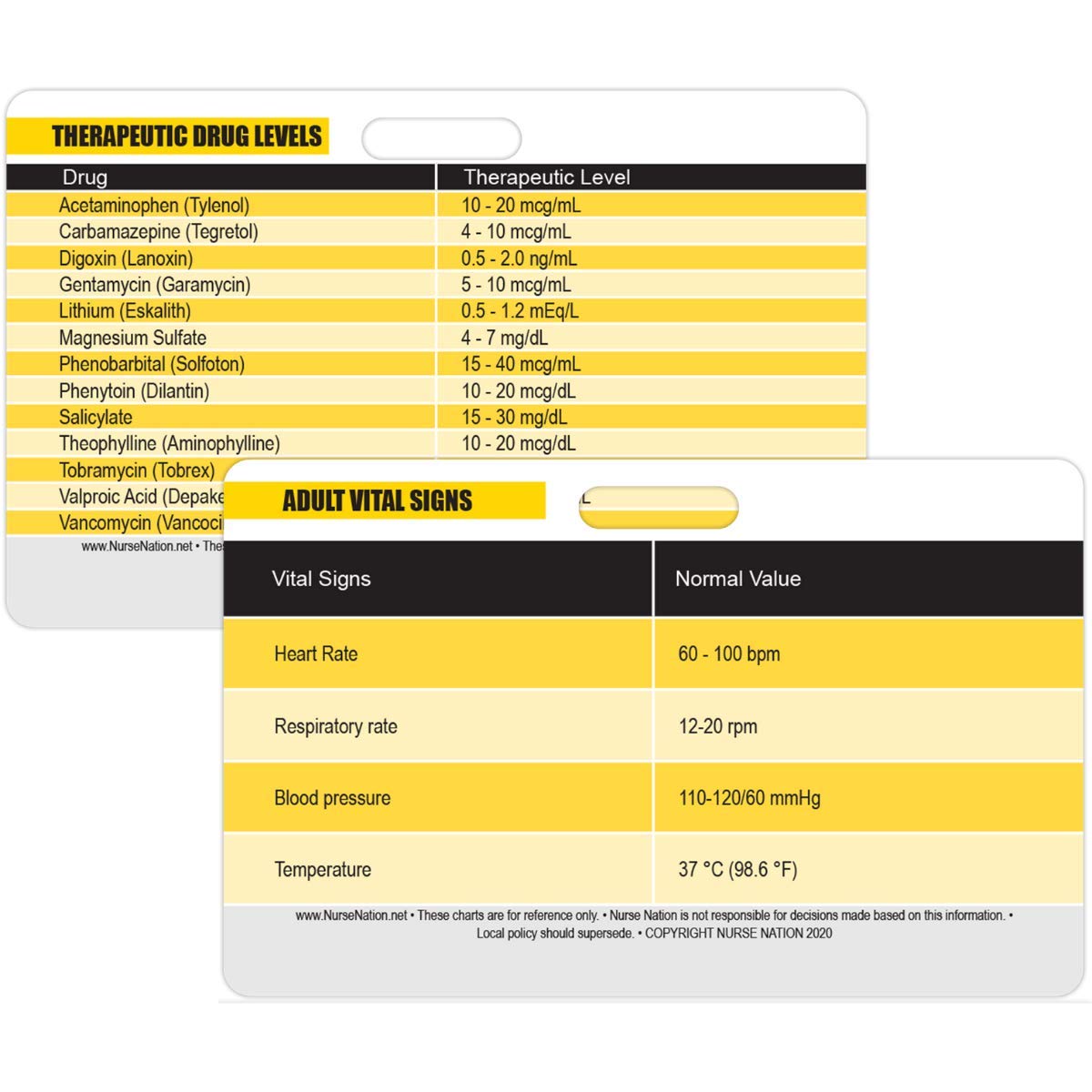 Normal Adult Vital Signs and Common Therapeutic Drug Levels Horizontal Badge Card - Excellent Resource for Nurses, Nursing Clinicals, and RN Students - Great Nursing School Supplies and Accessories