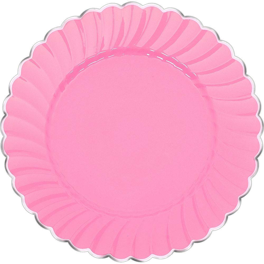 Amscan Scalloped Premium Plastic Plates with Metal Trim Spring Party Reusable Tableware (10Piece), New Pink, 10". Party Supplies