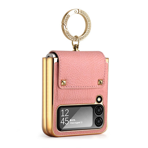 XIMAND for Samsung Galaxy Z Flip 4 with Luxury Sparkle Ring and Pink Soft Leather,Golden Bumper Shockproof Protector,Great Gift for Women Ladys Grils