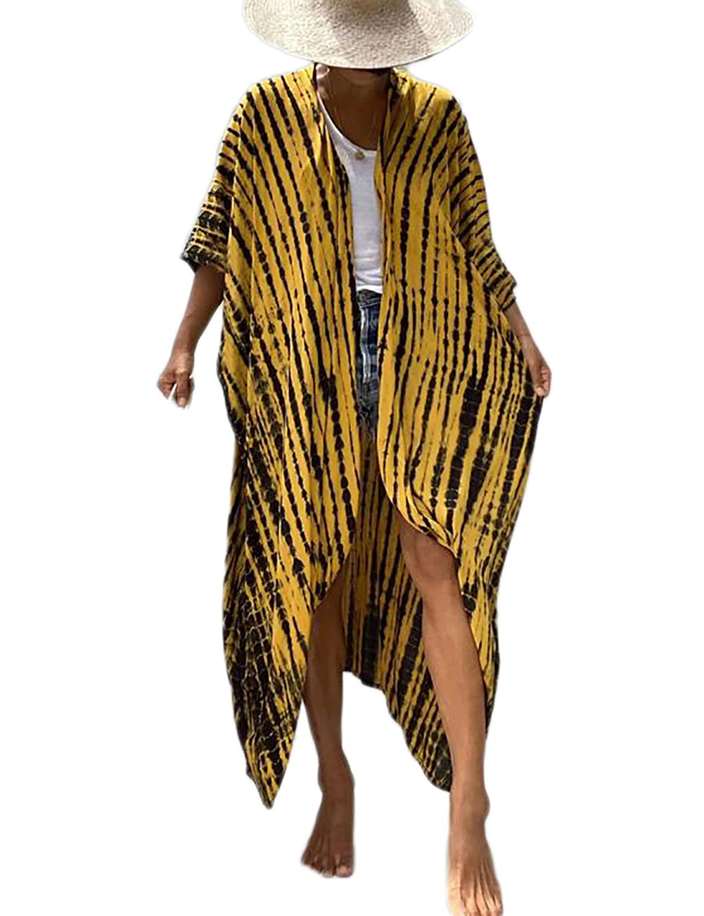 Bsubseach Women Yellow Tie Dye Long Beach Swimsuit Cover Ups for Swimwear Sexy Bikini Beach Kimono Cardigan