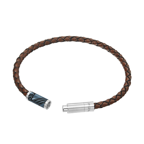 Police Plaint Mens Stainless Steel Black & Charcoal Emblem Brown Leather Bracelet