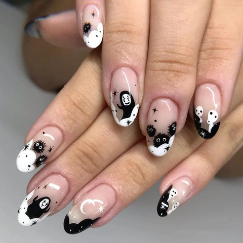 Wedity 24 PCS Halloween Fake Nails Pumpkin Ghost Print Cute False Nails Press on Nails Artificial Nails for Women and Girls (D)