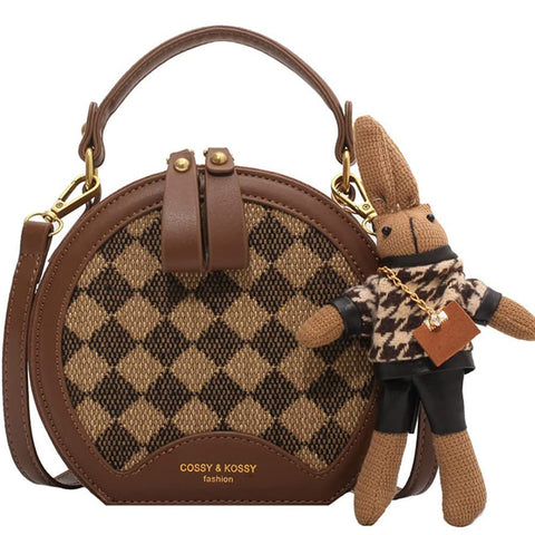 RTGGSEL Quilted Lattice Crossbody Shoulder Bags for Women Small Tote Square Satchel Handbags Purse with Bunny Doll Pendant, Round Brown, Women Sling Shoulder Handbag