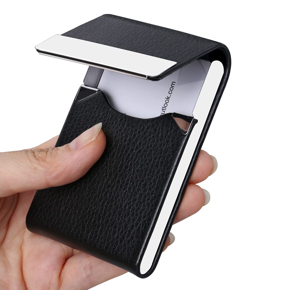 JuneLsy Business Card Holder - Professional Business Card Case Metal Name Card Holder Pocket Business Card Carrier for Men & Women with Magnetic Shut (L-Black)