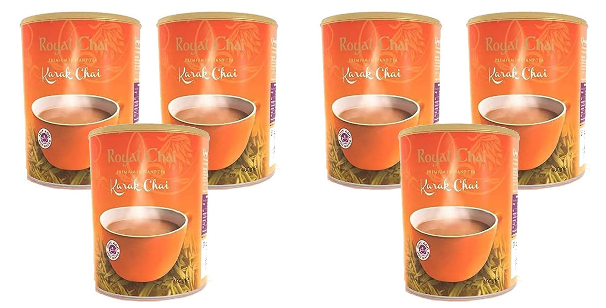 Royal Chai Karak Chai Unsweetened Tub 400g (Pack of 6) - Premium Instant Tea - Karak Tea - Natural - Instant Karak Indian Tea
