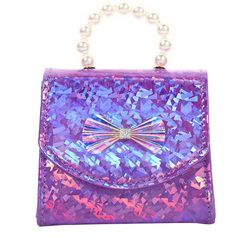 JUCHAO Toddler Elegant Mini Purse for Little Girls Shiny Handbag with Pearl Handle Cute Shoulder Bag for Kids, Purple