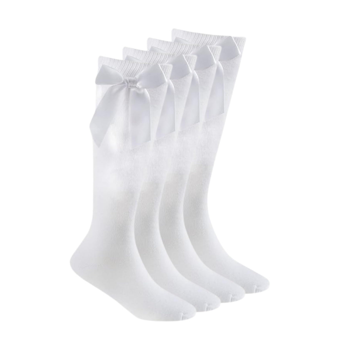 ShopMCR 2 Pairs Girls Knee High Socks With Bow, Kids Back to School Uniform Socks, Cotton Rich Long Socks in All Size (6-8, White)