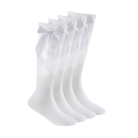 ShopMCR 2 Pairs Girls Knee High Socks With Bow, Kids Back to School Uniform Socks, Cotton Rich Long Socks in All Size (6-8, White)
