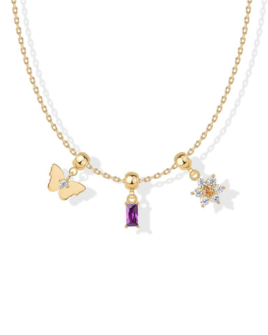 PAVOI 14K Yellow Gold Plated Cubic Zirconia Whimsical Charm Necklace for Women | Cute Dainty Necklace Charms | Flower Butterfly Baguette CZ Charms