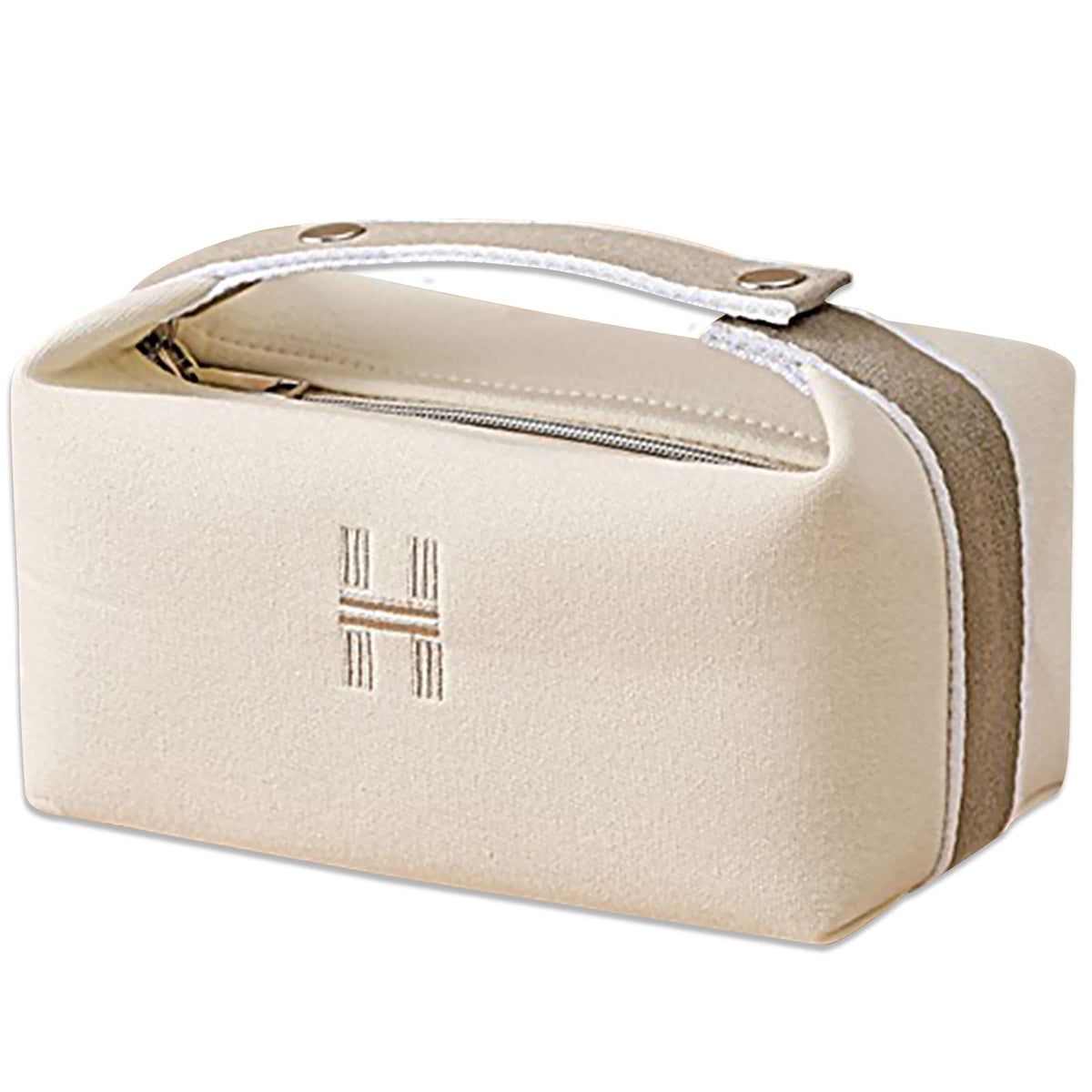 Lizbin Makeup Bag Travel Toiletry Bag, Small Cosmetic Bag Portable Travel Makeup Bag with Handle, Fashion Canvas Makeup Organizer Bag Water Resistant for Women and Men (Beige)