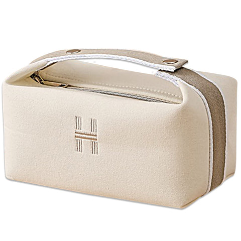 Lizbin Makeup Bag Travel Toiletry Bag, Small Cosmetic Bag Portable Travel Makeup Bag with Handle, Fashion Canvas Makeup Organizer Bag Water Resistant for Women and Men (Beige)