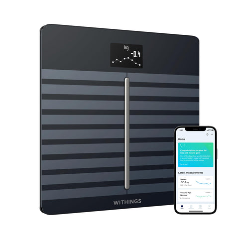 Withings Body Cardio - Premium Wi-Fi Body Composition Smart Scale, Tracks Heart Health, Vascular Age, BMI, Fat, Muscle and Bone Mass, Water %, Digital Bathroom Scale - Black