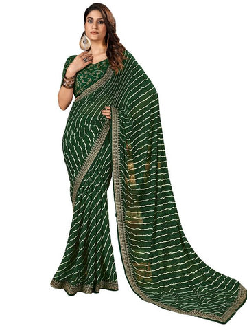 SIRIL Women's Georgette Laheriya Printed & Embroidery Saree with Unstitched Blouse Piece (3252S581_Green)