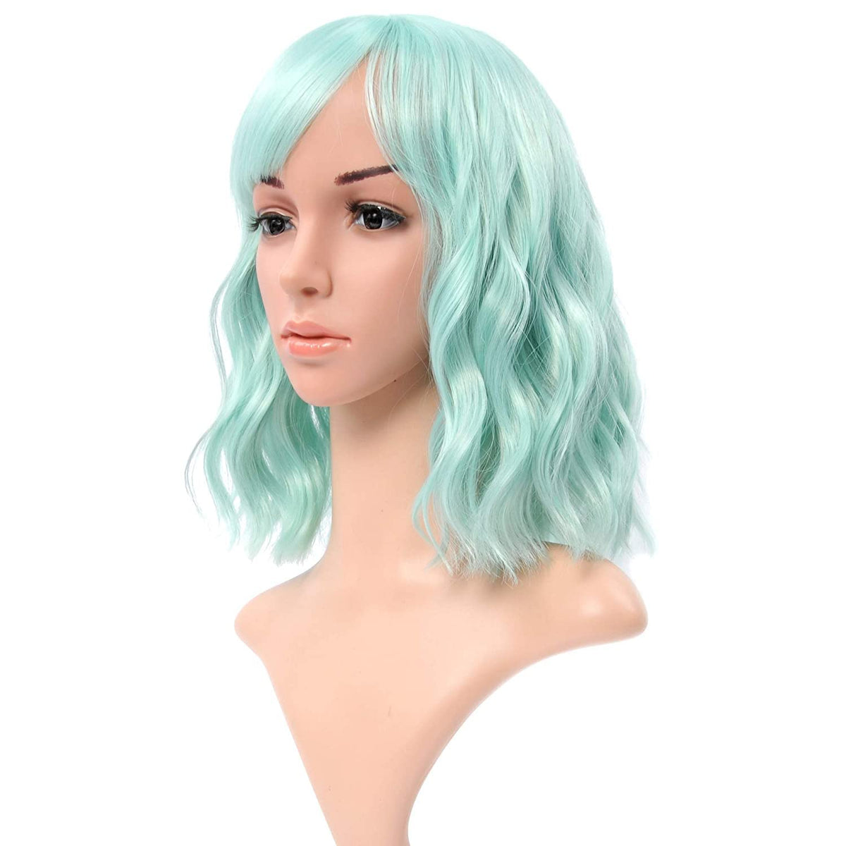 VCKOVCKO Natural Wavy Wig With Air Bangs Light Green Colorful Short Bob Wigs for Women's Shoulder Length Wigs Curly Wavy Cosplay Wig Bob Wig for Girls(12",Light Green)