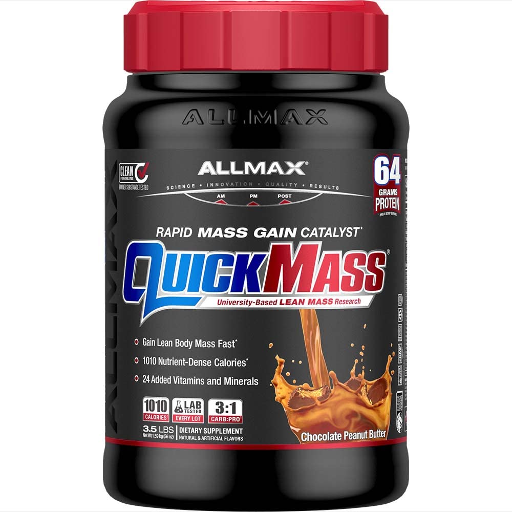 ALLMAX QUICKMASS, Chocolate Peanut Butter - 3.5 lb - Rapid Mass Gain Catalyst - Up to 64 Grams of Protein Per Serving - 3:1 Carb to Protein Ratio - Zero Trans Fat - Up to 24 Servings