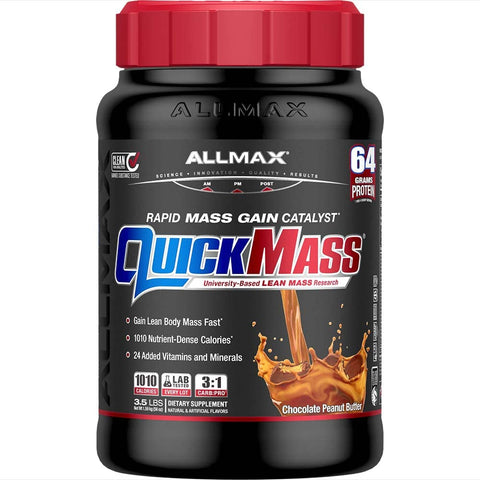 ALLMAX QUICKMASS, Chocolate Peanut Butter - 3.5 lb - Rapid Mass Gain Catalyst - Up to 64 Grams of Protein Per Serving - 3:1 Carb to Protein Ratio - Zero Trans Fat - Up to 24 Servings