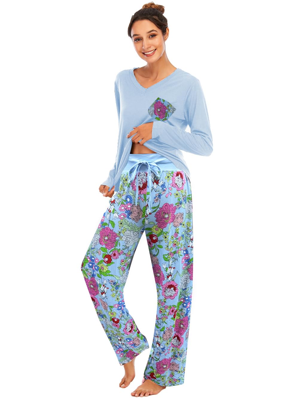Famulily Ladies Pyjamas Size 12 V-Neck Top & Bottoms Sleepwear Soft Pjs Pyjama Set Nightwear Sky Blue XL