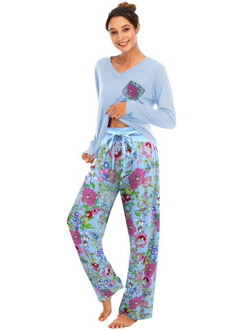 Famulily Ladies Pyjamas Size 12 V-Neck Top & Bottoms Sleepwear Soft Pjs Pyjama Set Nightwear Sky Blue XL