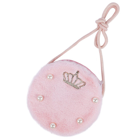 NICEYEA Little Girls Shoulder Bag Mini Round Shaped Crossbody Bag with Pearls and Crowns Cute Plush Handbags Small Purse for Kids Girls Toddlers