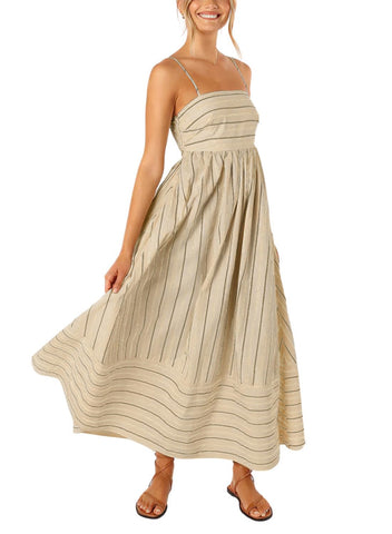 yoeasy Women's Striped Spaghetti Strap Cutout Maxi Dress Sleeveless Backless Flowy Swing Long Dress (Medium, Apricot)