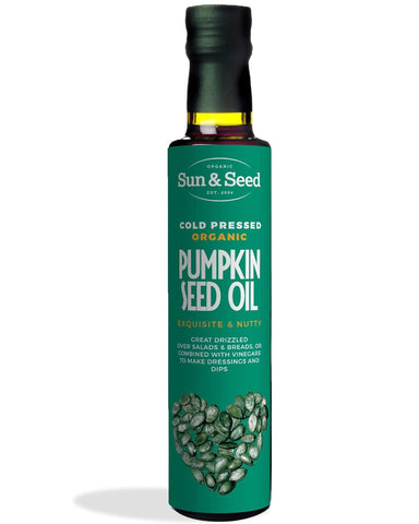 Organic Pumpkin Seed Oil (Cold Pressed) by Sun & Seed - 250ml - Made from 100% Organic Pumpkin Seeds - Great Source of Vitamin E & Omega-3 & 6 - Vegan Friendly - Unrefined Oil