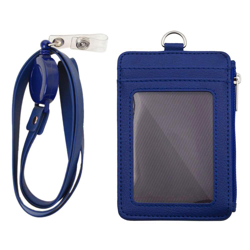 Badge Holder with Lanyard, ID Card Holder Wallet with Zipper,5 Card Slots,1 Side Pocket and 20" Retractable Neck Lanyard- Blue