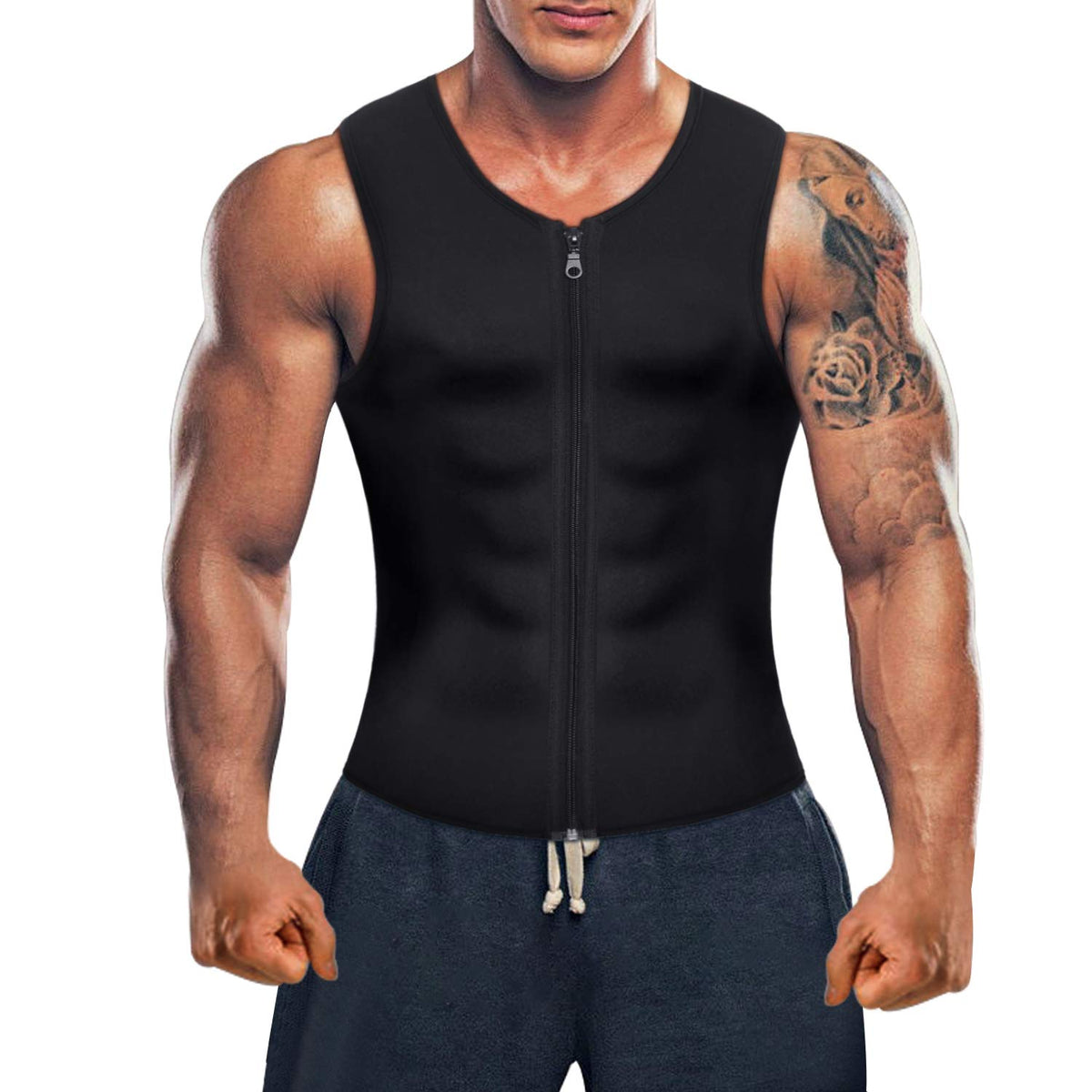 Bingrong Men Waist Trainer Vest for Weight Loss Hot Neoprene Corset Body Shaper Zipper Sauna Tank Top Workout Shirt, Black, L