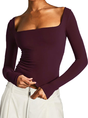TiulZial Long Sleeve T Shirt Women - Square Neck Going Out Tops Double Lined Tight Shirt Y2K Crop Top Slim Fit (Burgundy,M)