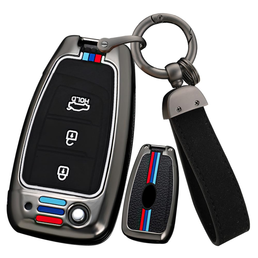 ontto 3-Button Key Holder Fit for Hyundai Elantra Solaris 2 Tucson I30 I35 I40 Ix35 Kona Genesis Santa Fe Azera Verna Accent Celesta Sonata Flip Folding Key Fob,Metal and Silicone Car Key Shell,Black