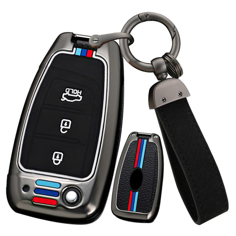 ontto 3-Button Key Holder Fit for Hyundai Elantra Solaris 2 Tucson I30 I35 I40 Ix35 Kona Genesis Santa Fe Azera Verna Accent Celesta Sonata Flip Folding Key Fob,Metal and Silicone Car Key Shell,Black
