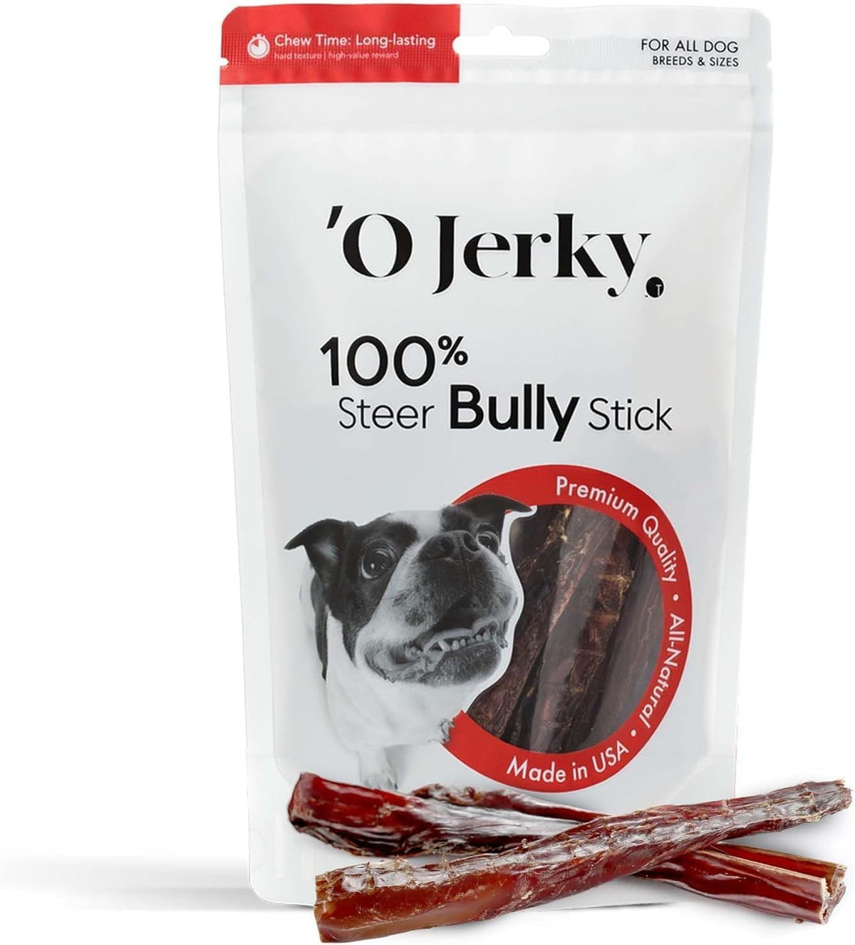 'O Jerky 100% Steer Bully Sticks for Dogs - 4oz Single Ingredient Natural Dog Chews - Rawhide-Free, Grain-Free, Collagen Sticks - Essential Puppy Bully Sticks - Jerky & Dehydrated Treats-Made in USA