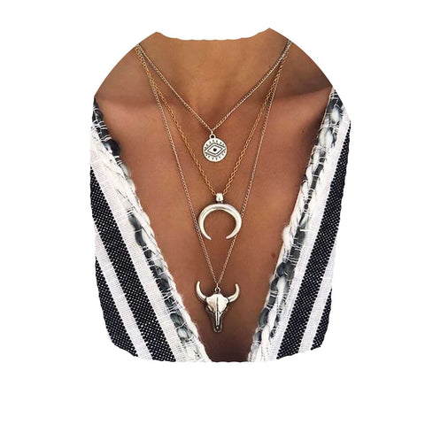 Yheakne Boho Layered Moon Necklace Silver Compass Disc Pendant Necklace Chain Cow Evil Eye Charm Necklace Jewelry for Women and Girls