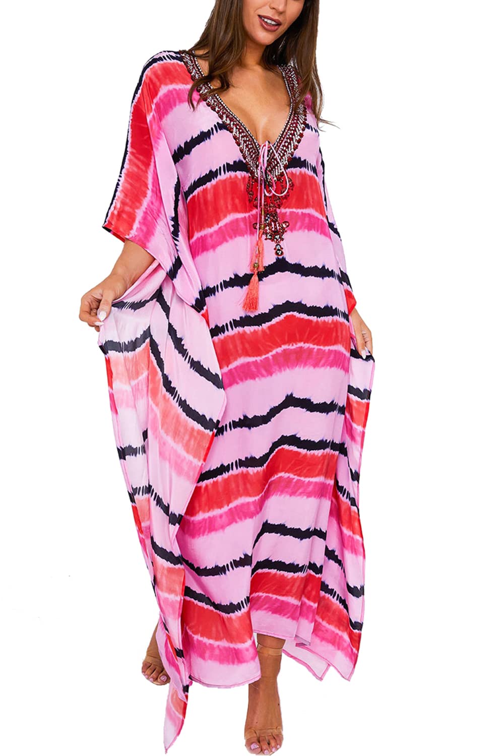 YouKD Summer Print Floral Long Kaftan Bohemian Roomy Beach Robe Cover Up Plus Size Dress for Women Pink