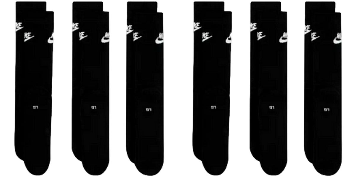 Nike DX5025-6 Pairs Sports Socks - White/Black/Multicoloured - Sportswear Everyday Essential Crew Socks 34/38/42/46/50 - Women, Men, Unisex, black, 38-42
