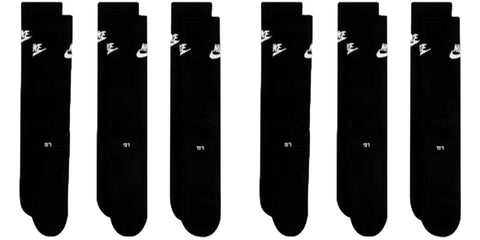 Nike DX5025-6 Pairs Sports Socks - White/Black/Multicoloured - Sportswear Everyday Essential Crew Socks 34/38/42/46/50 - Women, Men, Unisex, black, 38-42