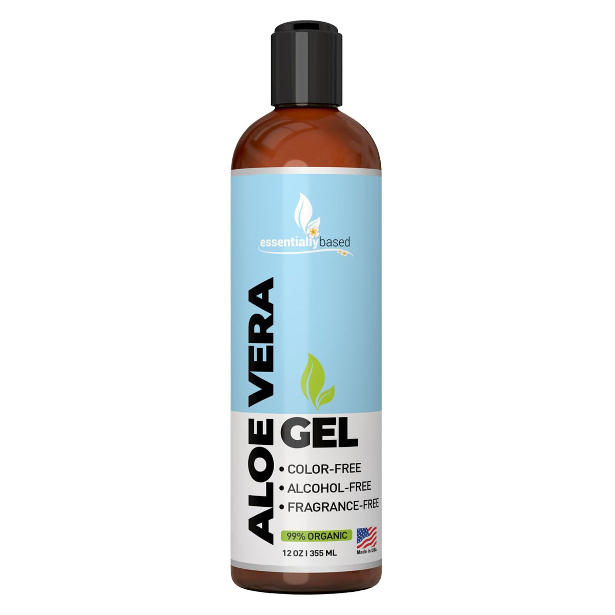 essentiallybased Organic Aloe Vera Gel - Large 12oz Size - Use for Face Hair and After Sun Skin Care - Made of Pure Aloe Vera in the USA
