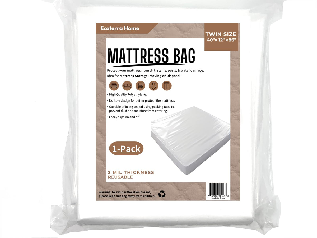 Ecoterra Home Twin Mattress Bags for Moving and Disposal 86''x40''x12'',Waterproof Storage Mattress Cover Twin for Mattress or Boxspring, Dust Proof Moving Suppliers 1PK.