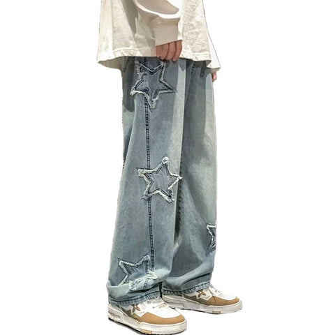 Y2k Jeans Men Aesthetic Black Baggy Jeans Goth Vintage Street Loose Fit Star Graphic Denim Pants Straight Trousers