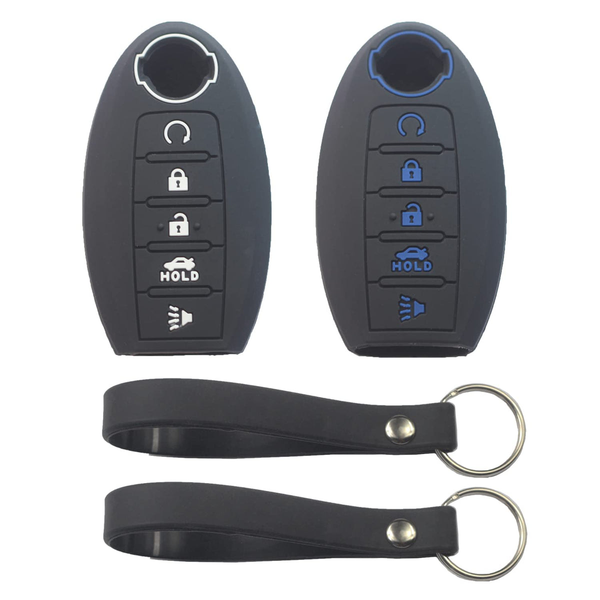 Kcpros 2Pcs 5 Buttons Key Fob Cover Compatible with Nissan, Black With White and Black With Blue, S