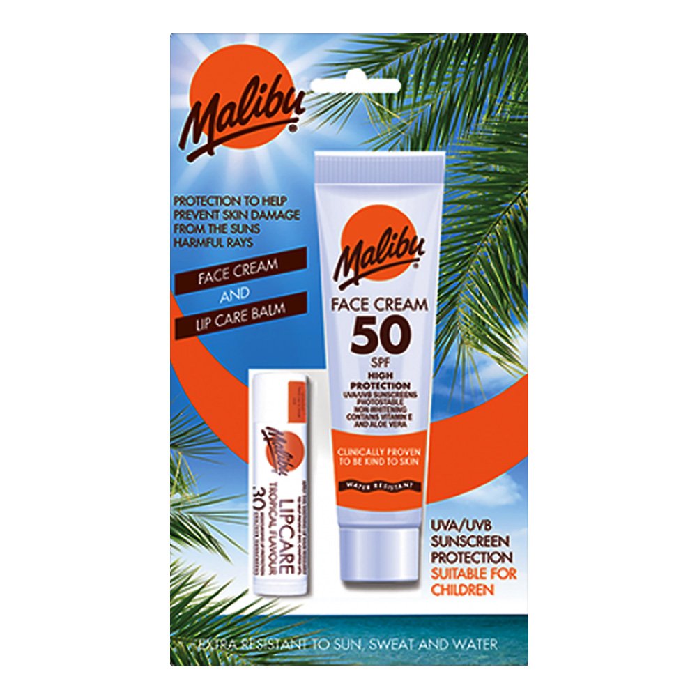 Malibu Duo Pack Sun Protection Face Cream SPF 50 & Lip Balm SPF 30 Water Resistant