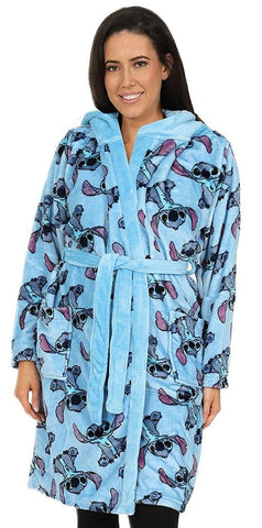 Womens Lilo and Stitch Stitch Blue Fleece Dressing Gown Fleece Hooded Ladies Robe (8-10)