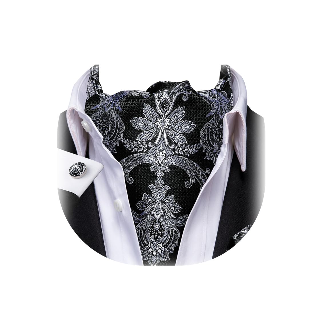 Dubulle Paisley Floral Ascot Tie for Men Self Tie Mens Cravat Tie and Pocket Square Cufflinks Wedding, Black Grey, Medium